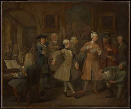 Dark painting, figures in grand attire in a room with paintings on the wall and someone playing the piano