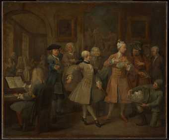 Dark painting, figures in grand attire in a room with paintings on the wall and someone playing the piano