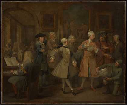 Dark painting, figures in grand attire in a room with paintings on the wall and someone playing the piano