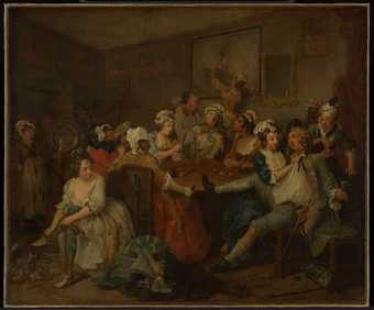 Dark painting, figures around a table, a party, some drinking, some embracing