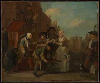 A dark painting in a city landscape with blue sky - a man carries a grandly dressed man in a cart, a woman stands with arms outstretched, various figures work around them or watch the scene