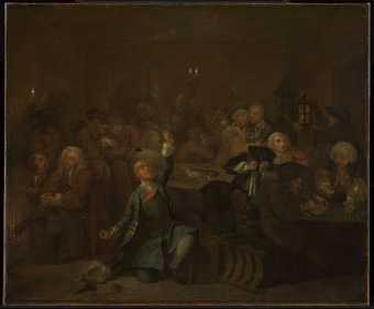A dark interior, quite faded, figures sitting at small tables, some playing games, wall-mounted candles light the room