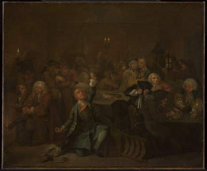 A dark interior, quite faded, figures sitting at small tables, some playing games, wall-mounted candles light the room