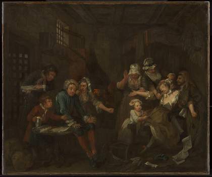 Various figures, some holding a woman who has fainted