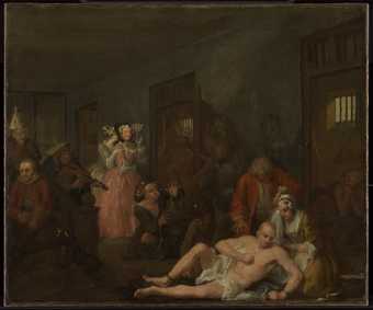 Grandly dressed ladies and various figures, some very faded, surround a figure lying in the foreground, a man nude except for a draped white fabric with cuffs at the ankle and wrist