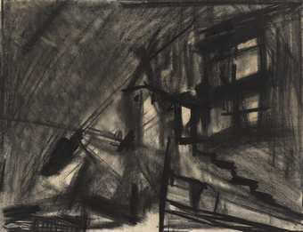 An almost abstract, dark grey charcoal drawing of a building with windows and perhaps stairs outside. A large area on the left, perhaps the sky, appears to have been smeared to be a uniform tone.