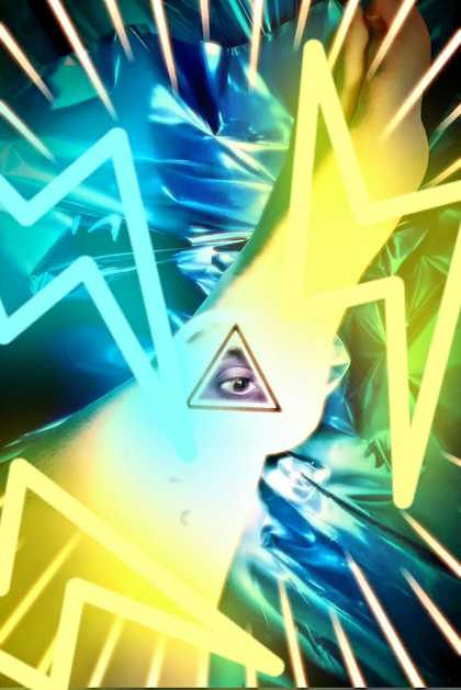 Photo of an eye inside a triangle, over an ankle. The corresponding leg and foot runs from bottom left to top right, surrounded by lightning bolts and light flashes in yellow and blue