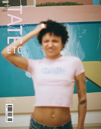 Tate Etc. cover of issue 58 featuring artist Rene Matić in front of a painting of a swimming pool by David Hockney