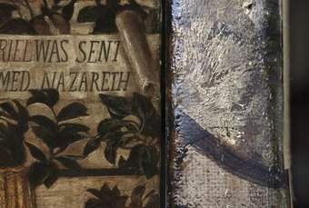 Fig.20 Detail of the first version of Edward Burne-Jones’s The Annunciation and the Adoration of the Magi 1861, left canvas (left), and its tacking margin (right) © Tate