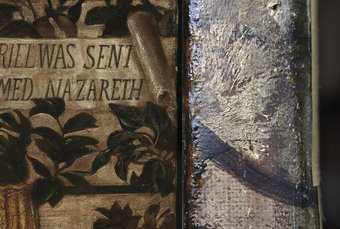 Fig.20 Detail of the first version of Edward Burne-Jones’s The Annunciation and the Adoration of the Magi 1861, left canvas (left), and its tacking margin (right) © Tate