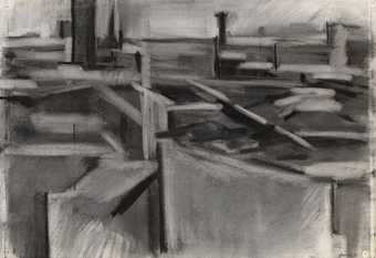 A charcoal drawing of an abstracted skyline where the rooftops are made up of shapes or simple marks in different tones of grey.