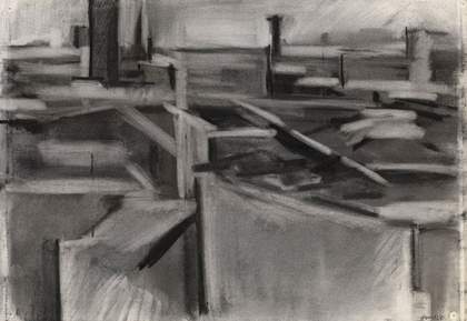 A charcoal drawing of an abstracted skyline where the rooftops are made up of shapes or simple marks in different tones of grey.