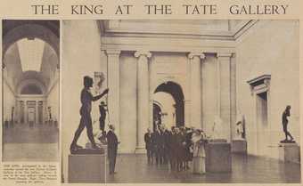 Clipping from a newspaper showing a photo of the King and Queen being shown the Duveen galleries.