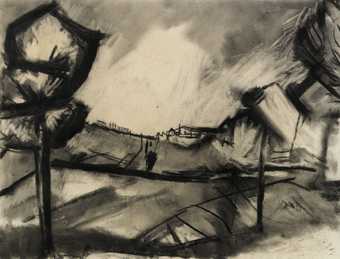 A charcoal drawing of a landscape with fields and trees drawn in blocky, straight black lines. The fields and sky are filled with different tones of lighter and darker grey.