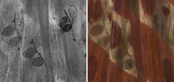 Fig.22 Detail in IRR (left) and the same detail (right) of Gabriel’s cloak, first version of Edward Burne-Jones’s The Annunciation and the Adoration of the Magi 1861, left canvas IRR image © Silvia Amato and Aviva Burnstock