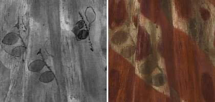 Fig.22 Detail in IRR (left) and the same detail (right) of Gabriel’s cloak, first version of Edward Burne-Jones’s The Annunciation and the Adoration of the Magi 1861, left canvas IRR image © Silvia Amato and Aviva Burnstock