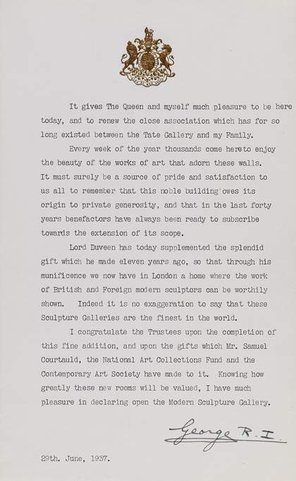 Image of a message from the King, there is the royal coat of arms at the top of the image and the King's signature at the bottom.