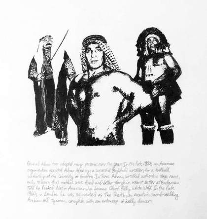 Michael Rakowitz Triangle of Terror 2009 a drawing of three men in different outfits: two in Arab dress and one dressed as a native American. Text underneath the drawing.