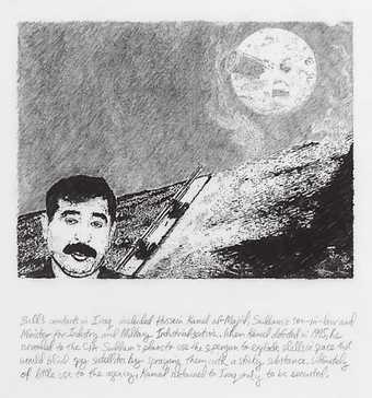 Michael Rakowitz Around the Moon 2009 A man in front of a missile launcher firing a missile at the moon. There is a caption text below the image. 