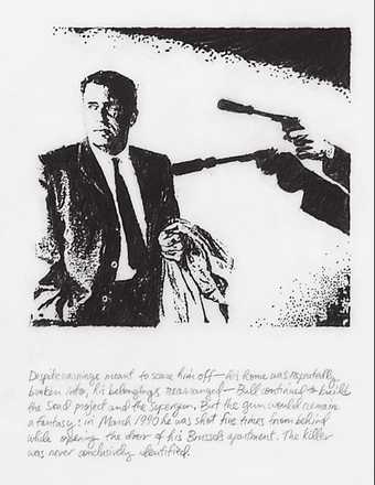 Michael Rakowitz Around the Moon 2009 A gun with silencer aimed at the head of a man.There is a caption text below the image. 