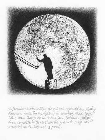 Michael Rakowitz Man on the Moon, Part II 2009 The silhouette of a statue being pulled down in front of a huge moon. There is a caption text below the image. 