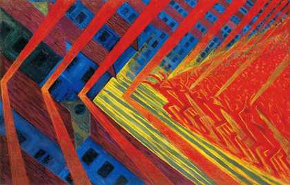 Luigi Russolo The Revolt 1911 abstracted figures pulling chevron shapes with grid-like patterns behind
