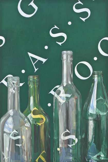Alan Michael Untitled Grassroots Bottles 2007 painting of transparent glass bottles against a green background with the text grass roots