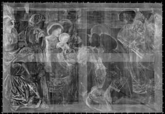 Fig.23 Central canvas of the first version of Edward Burne-Jones’s The Annunciation and the Adoration of the Magi 1861 (above), and its X-radiograph (below) © Tate