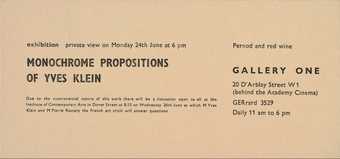 Private view card for Yves Klein’s solo exhibition Monochrome Propositions at Gallery One 1957