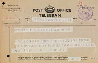 Telegram describing bomb damage to the Tate Britain building.