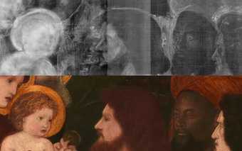 Fig.25 X-radiograph detail (above) of Christ and the three kings, and detail (below) from the first version of Edward Burne-Jones’s The Annunciation and the Adoration of the Magi 1861, central canvas © Tate