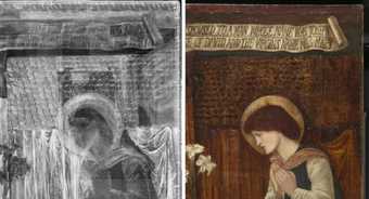 Fig.26 X-radiograph detail (left) and detail (right) of the right canvas of the first version of Edward Burne-Jones’s The Annunciation and the Adoration of the Magi 1861 © Tate