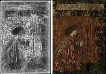 Fig.28 Detail of the left-hand canvas of the first version of Edward Burne-Jones’s The Annunciation and the Adoration of the Magi 1861 in X-radiograph (left) and with raking light from left (right) © Tate