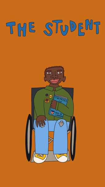 a digital drawing of a person in a wheelchair holding a book, the words 'the student' is above them
