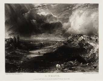 A black and white print of a grassy landscape, with animals, a cart and some figures in the foreground, trees and a hill in the mid-ground, and dark and light clouds in the background.