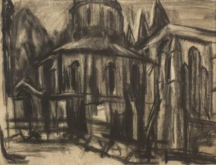 A charcoal drawing of part of a church rendered in thick, soft, scrubbed lines, with areas of apparent smudging and shading.