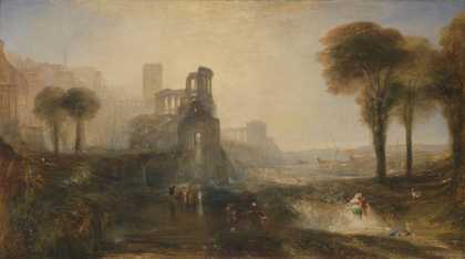 A bright painting of a curved line of ruined columns on top of a hill, dissolving into hazy distance. Tall trees stand on the right, and there are figures wading in a pool in the foreground.