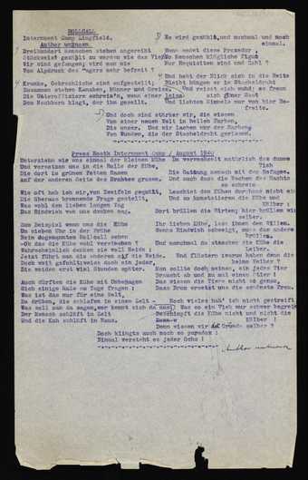 Poems titled ‘Rollcall’ and ‘Prees Heath Interment Camp’ on a piece of paper