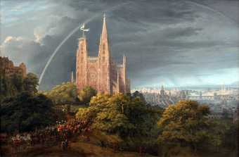 A painting with a sunlit cathedral in front of a city. The cathedral stands on a leafy hill and beneath a rainbow. A crowd process towards it in the foreground.