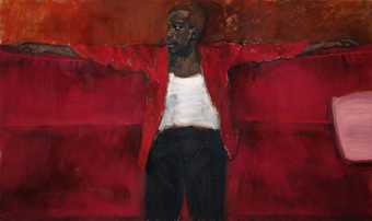 Painted portrait of a person in a red interior