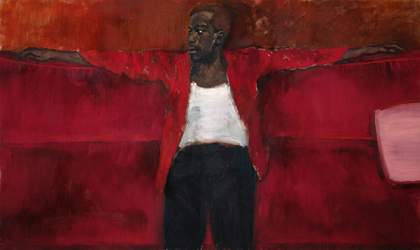 Painted portrait of a person in a red interior