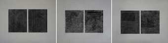 Three sets of images arrange horizontally, each with two dark grey rectangular images of darkened newspaper clippings