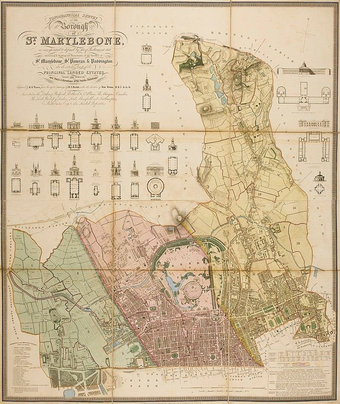 A map of an urban area divided into three distinct coloured sections, accompanied by diagrams of churches and other buildings, and the map’s title and description written in the top left corner.