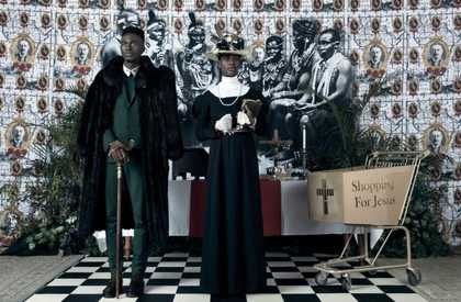 An artwork which depicts two people standing side by side