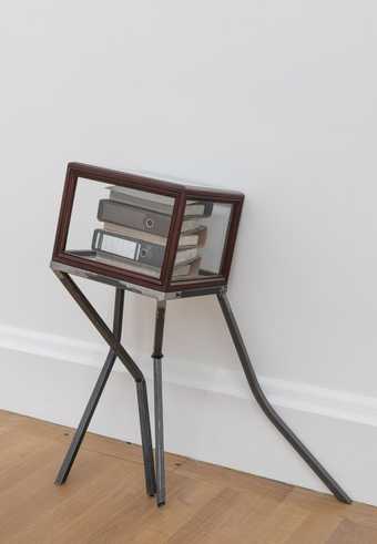 Photograph of an object as part of the Jesse Darling Art Now work, The Ballad of St Jerome. The image shows an old-fashioned, wood-panelled glass Museum cabinet, filled with a pile of A4 folders. The cabinet's metal legs are distorted.