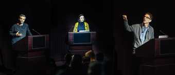 Three photographs combined, showing Haroon Mirza, Cécile B. Evans and Stephen Vitiello each presenting onstage at Tate Modern