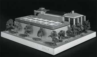 Black and white image of an architects model for an extension to the gallery.
