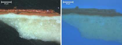 Fig.33 Cross-section of the layers forming a red band in Gabriel’s cloak, from the left canvas of the first version Edward Burne-Jones’s The Annunciation and the Adoration of the Magi 1861, in visible (left) and ultraviolet light (right), before varnish r