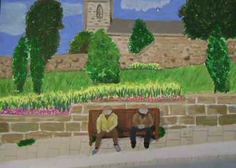 a painting of two elderly men sat on a bench