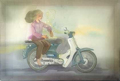 A still of an animation depicting a woman sitting on a motorbike
